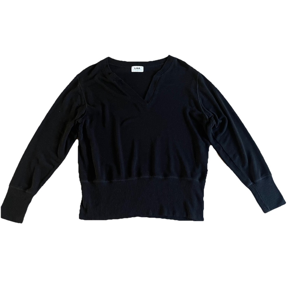 Women's LNA Brushed Ross Long Sleeve Sweater Black Large V-Neck Lightweight Top